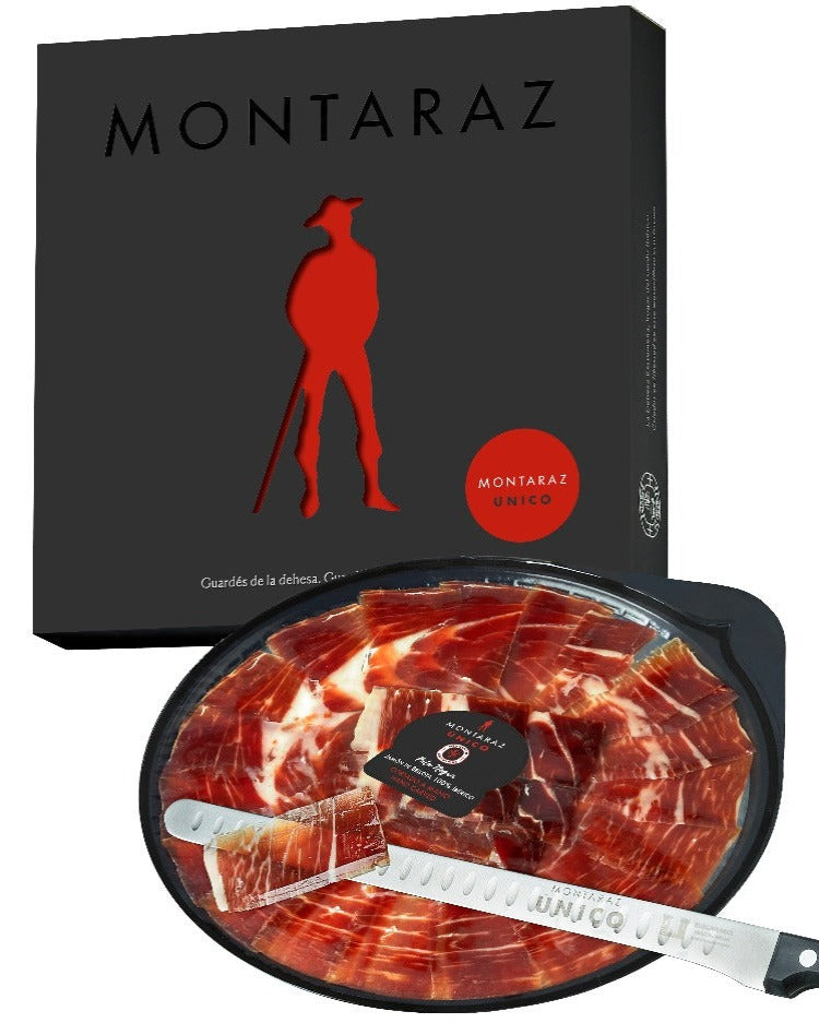 Montaraz Único - Caja regalo con 10 platos de Jamón de Bellota 100% Ibérico cortado a cuchillo
